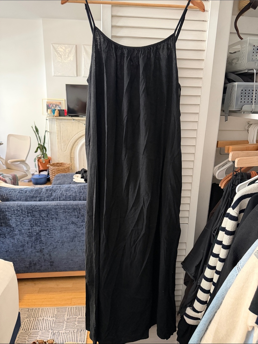 Aritzia Babaton Linen Black Maxi Slip Dress with Thin Spaghetti Straps